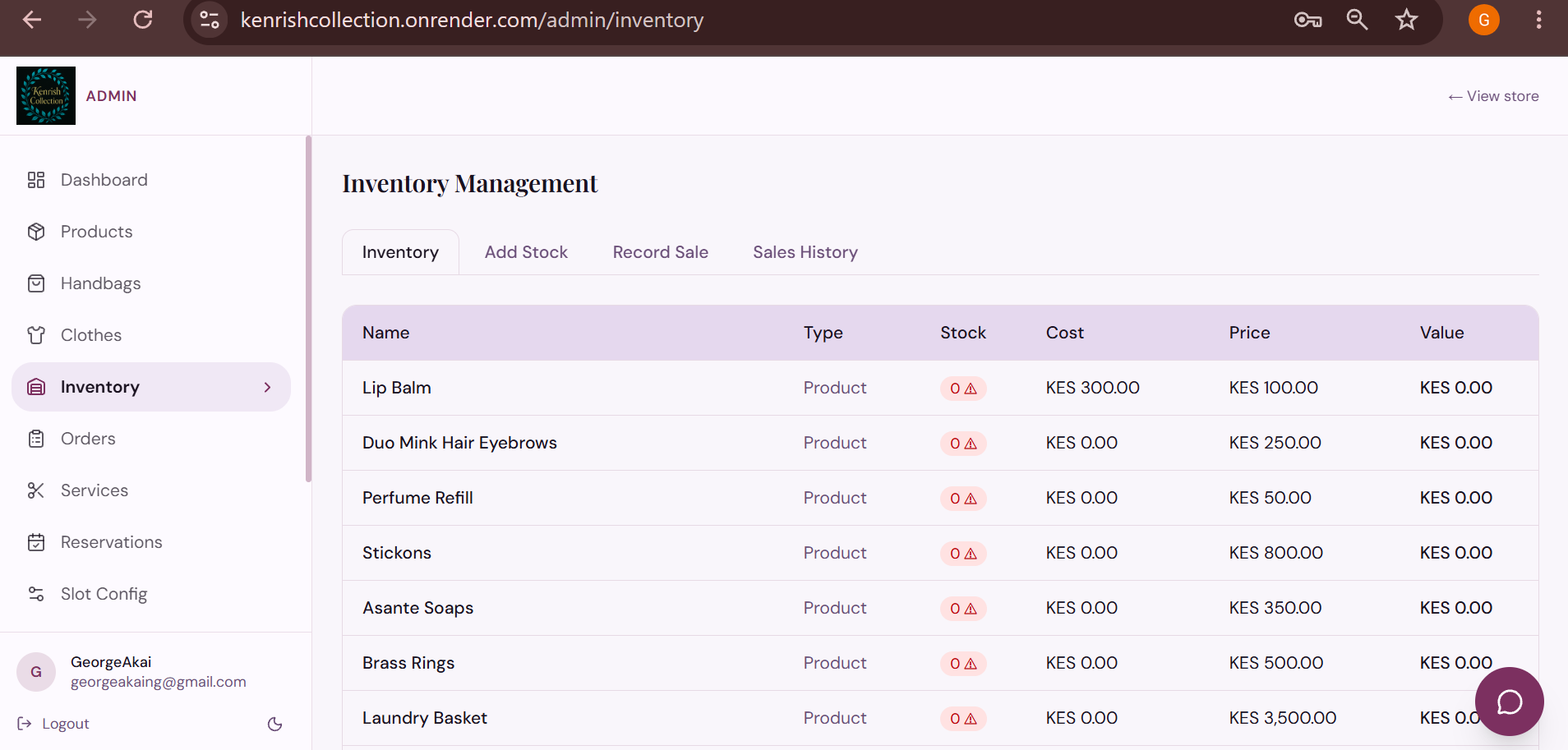 Kenrish Collection admin inventory management