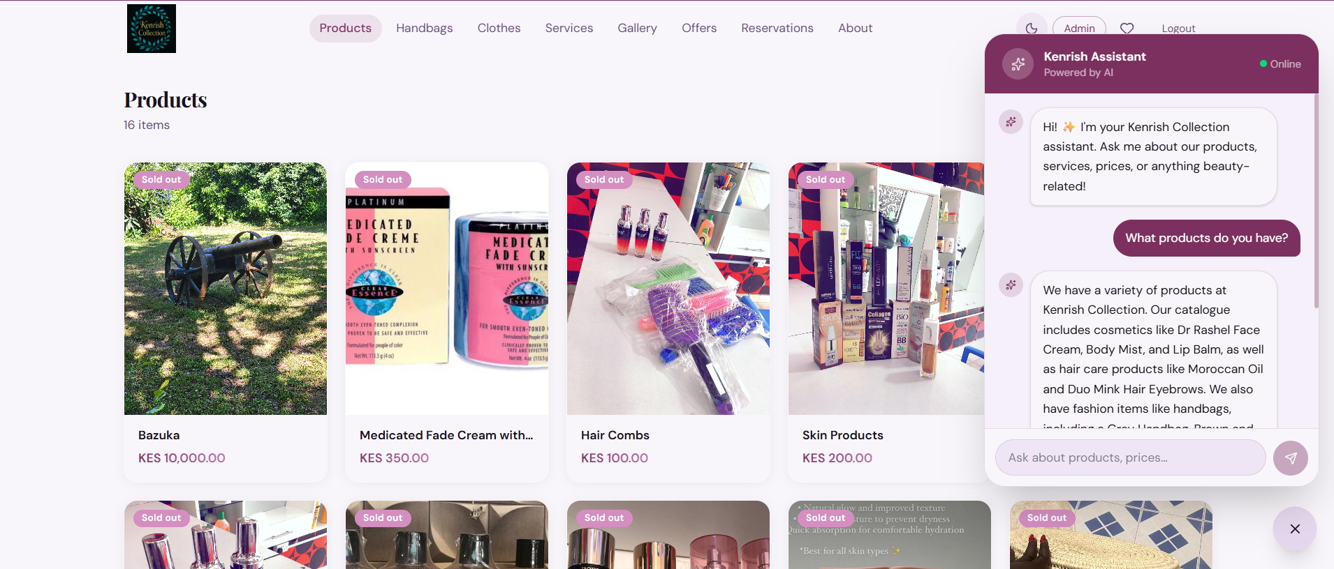 Kenrish Collection products page with RAG chatbot