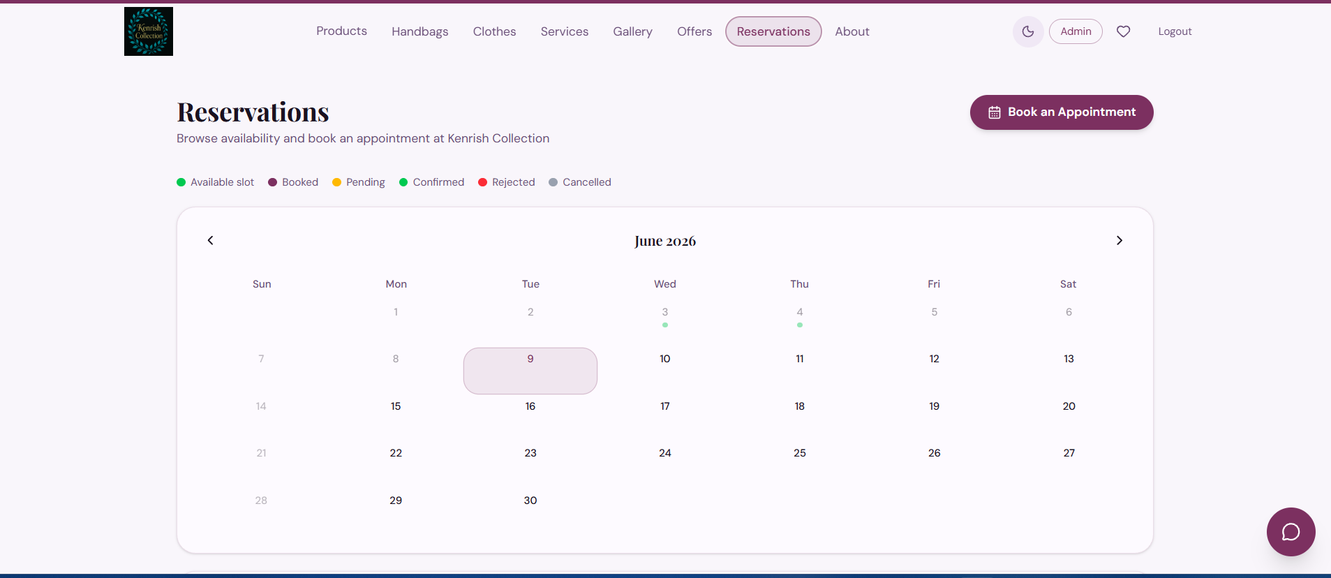 Kenrish Collection reservations calendar