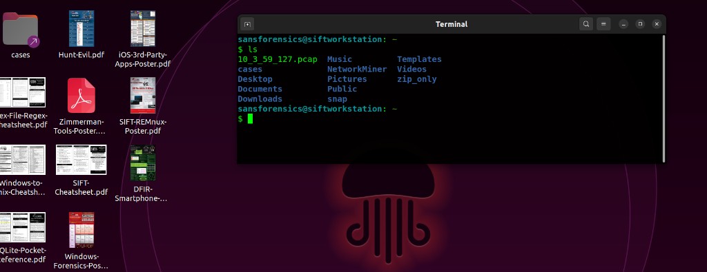 SIFT Workstation desktop: terminal listing home directory with pcap and forensic reference PDFs.