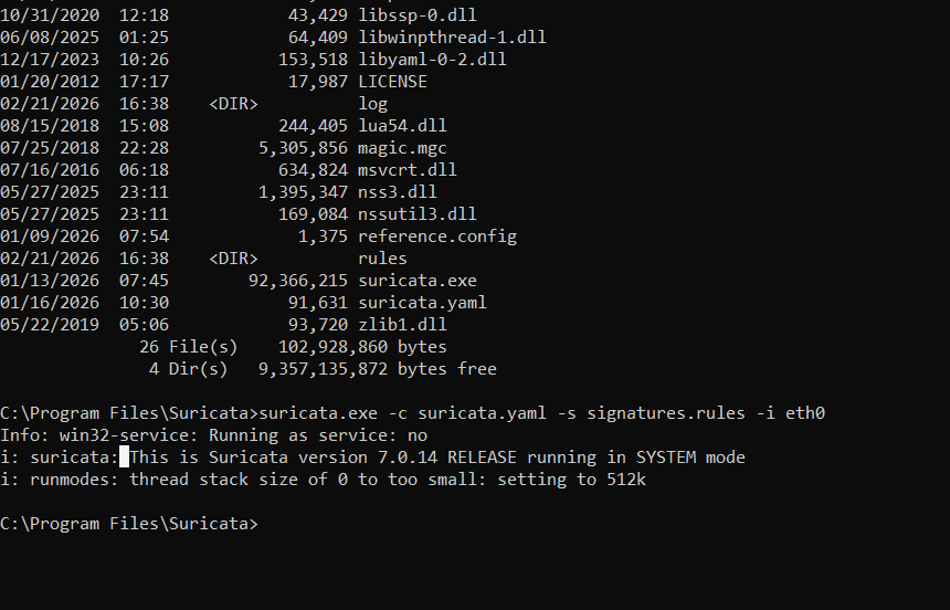 Suricata IDS/IPS: network traffic alerts and rule triggers.